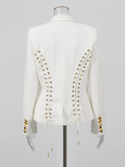 White Blazer with Unique Button & Drawstring Hem Detailing
