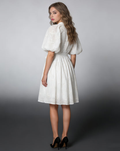 White Bowknot Puff Sleeve Mini Dress