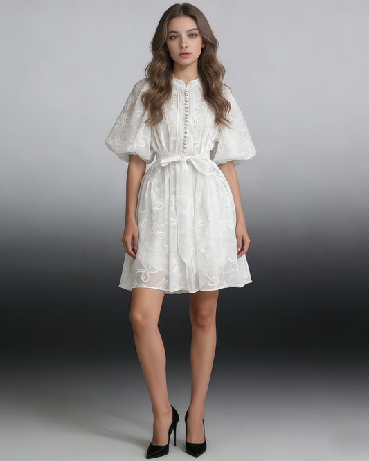 White Bowknot Puff Sleeve Mini Dress