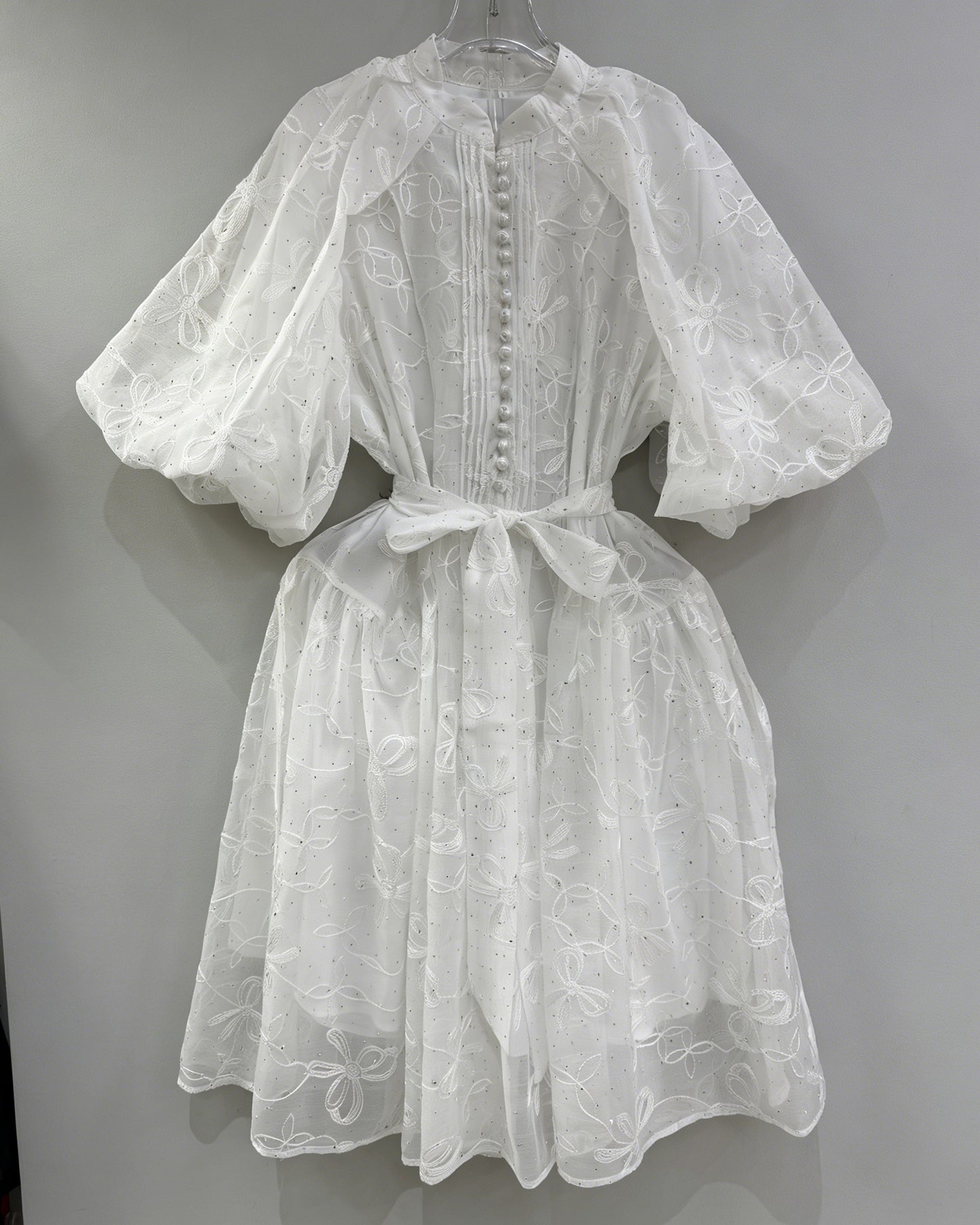 White Bowknot Puff Sleeve Mini Dress