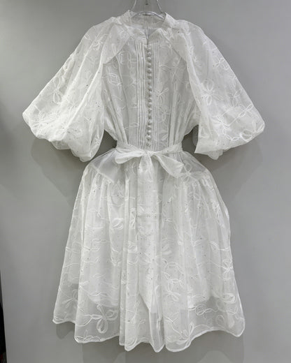 White Bowknot Puff Sleeve Mini Dress