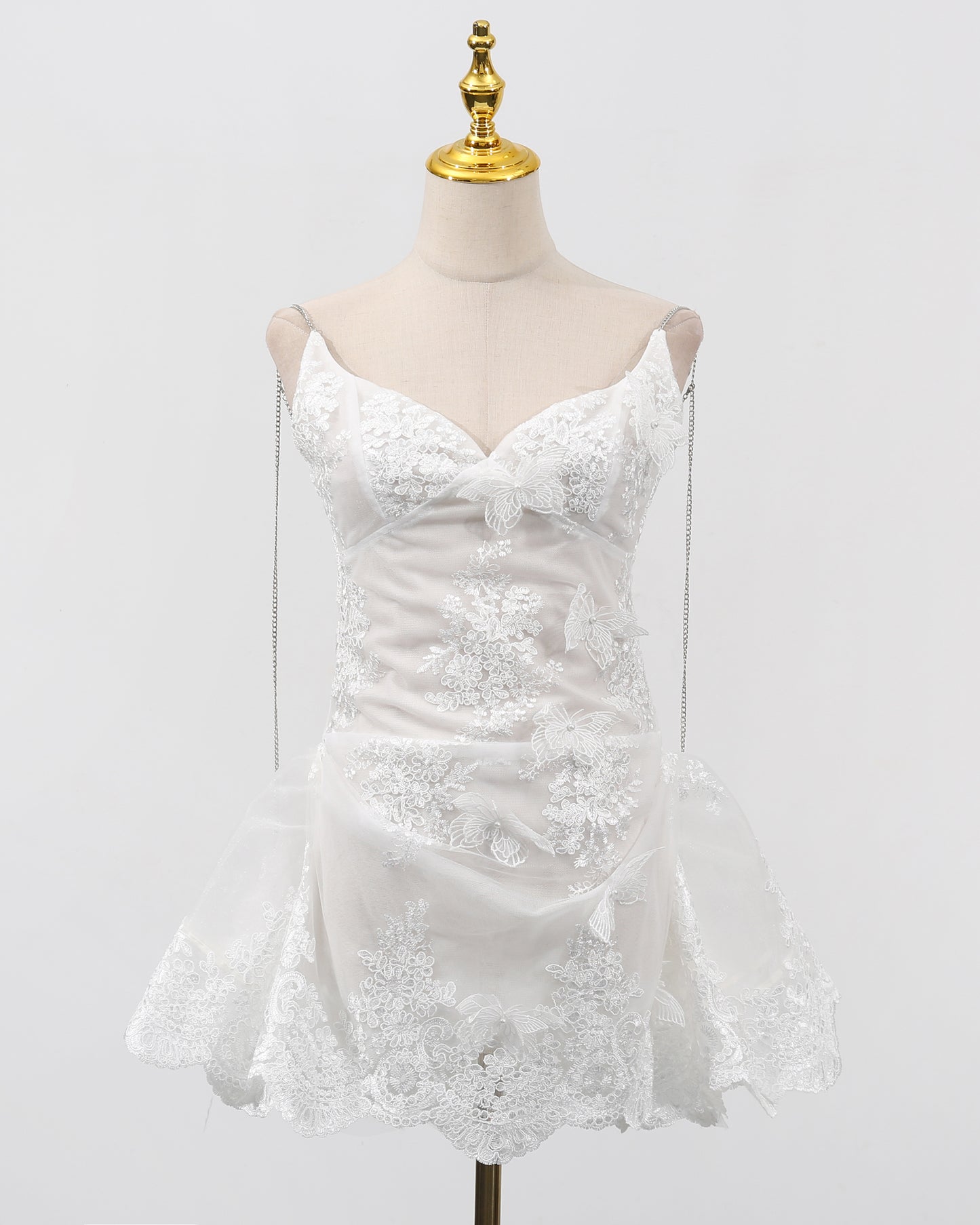 White Butterfly Lace Chain Strap Mini Dress
