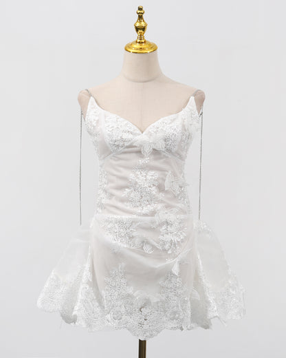 White Butterfly Lace Chain Strap Mini Dress