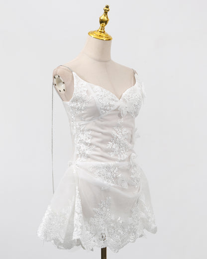 White Butterfly Lace Chain Strap Mini Dress