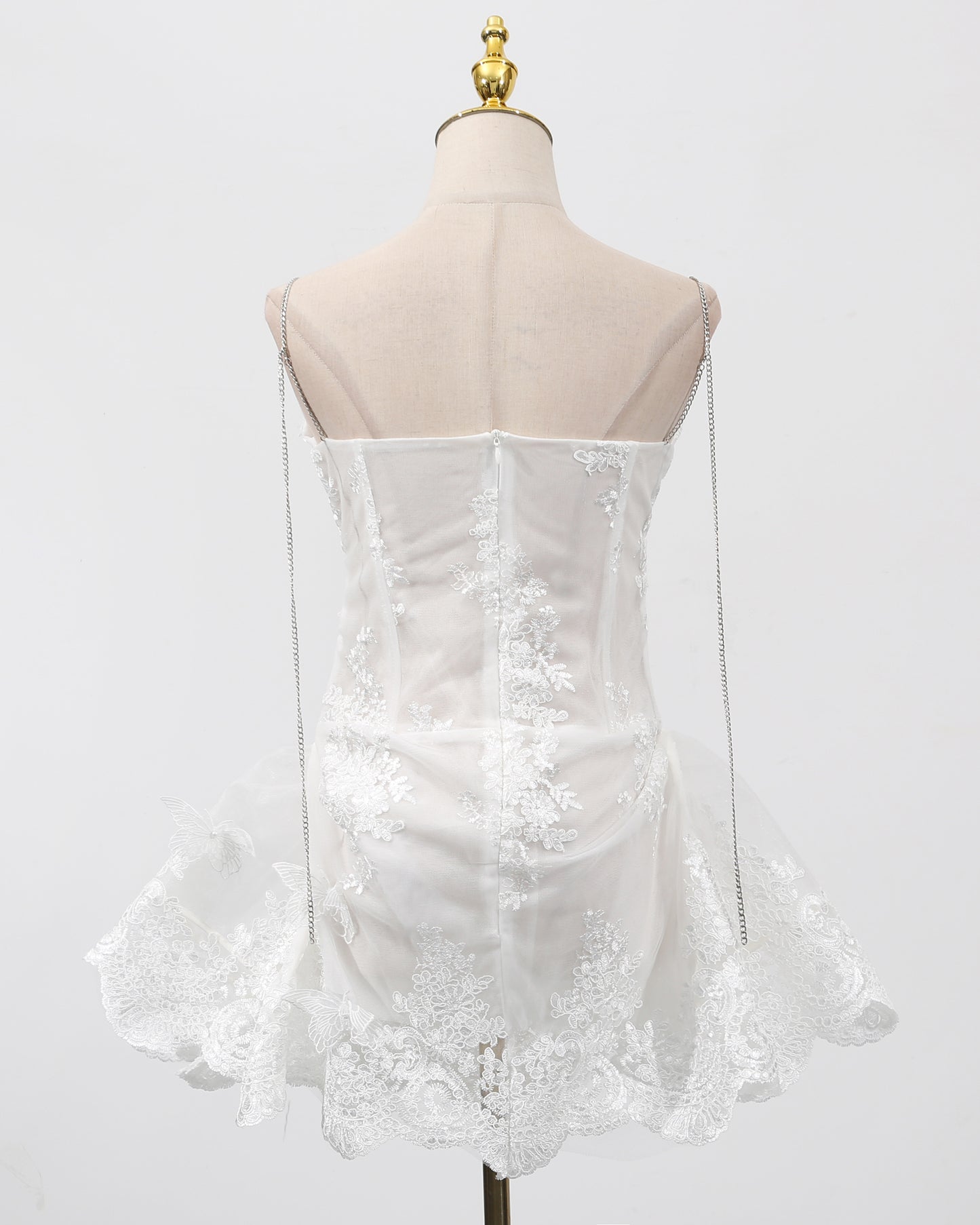 White Butterfly Lace Chain Strap Mini Dress