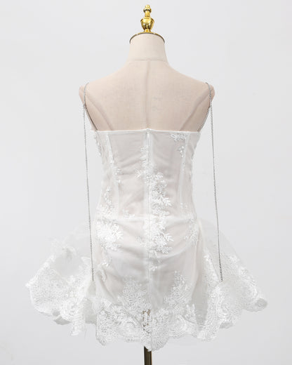 White Butterfly Lace Chain Strap Mini Dress