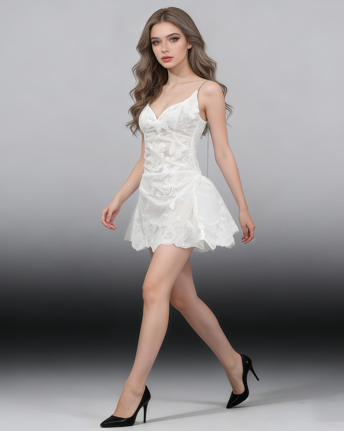 White Butterfly Lace Chain Strap Mini Dress