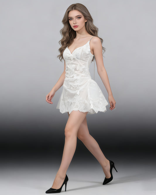 White Butterfly Lace Chain Strap Mini Dress