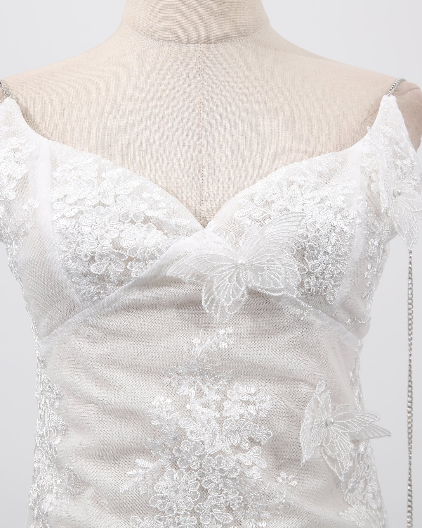 White Butterfly Lace Chain Strap Mini Dress