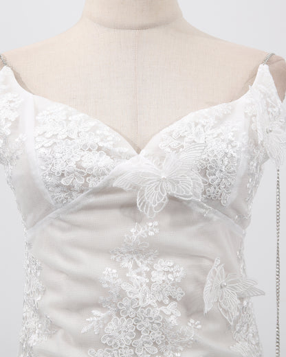 White Butterfly Lace Chain Strap Mini Dress