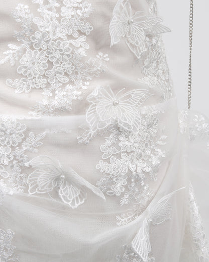 White Butterfly Lace Chain Strap Mini Dress