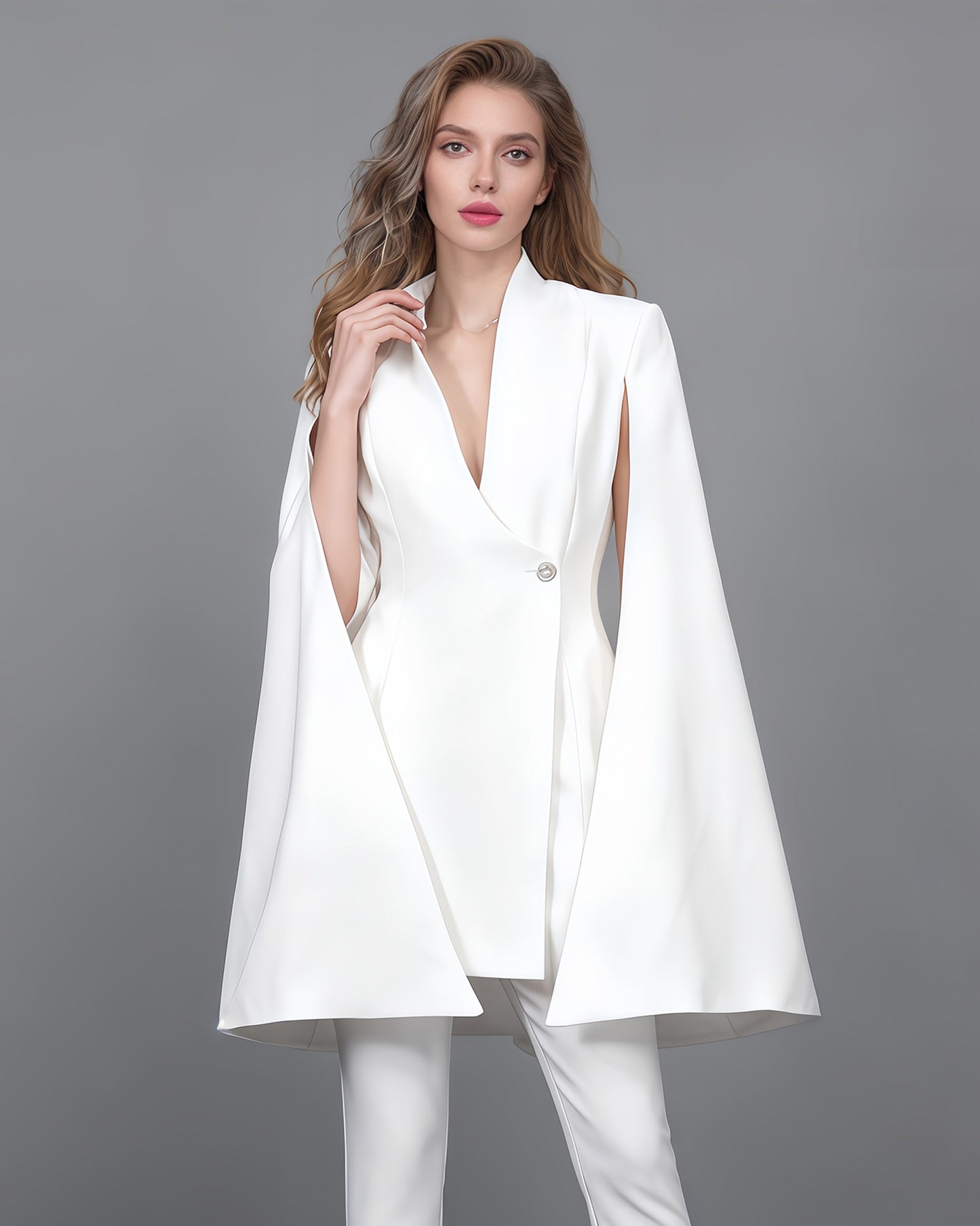 White Cape Sleeve Blazer Jacket with Crystal Button