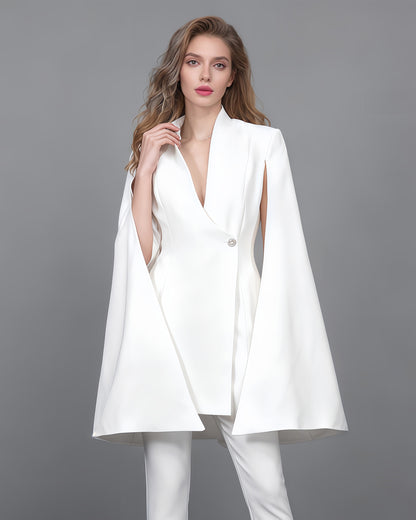 White Cape Sleeve Blazer Jacket with Crystal Button