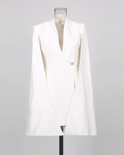 White Cape Sleeve Blazer Jacket with Crystal Button