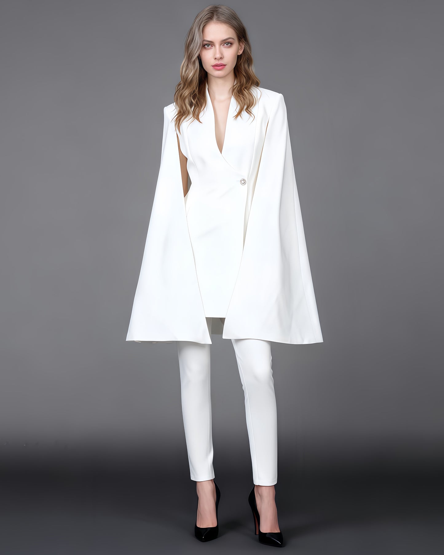White Cape Sleeve Blazer Jacket with Crystal Button