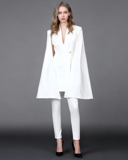 White Cape Sleeve Blazer Jacket with Crystal Button