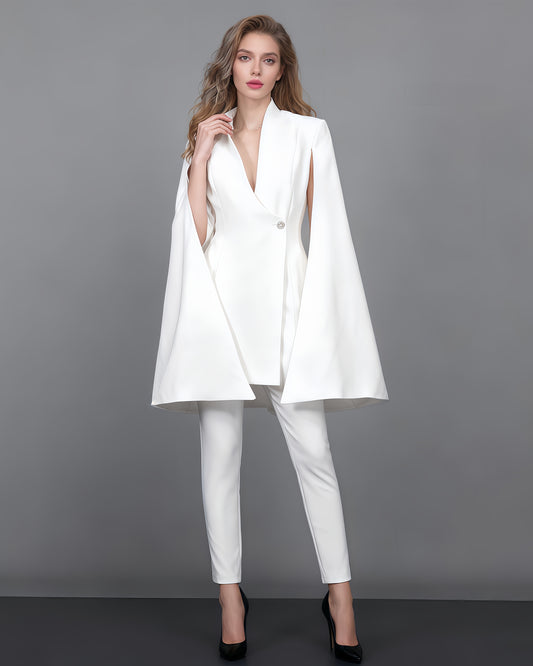 White Cape Sleeve Blazer Jacket with Crystal Button