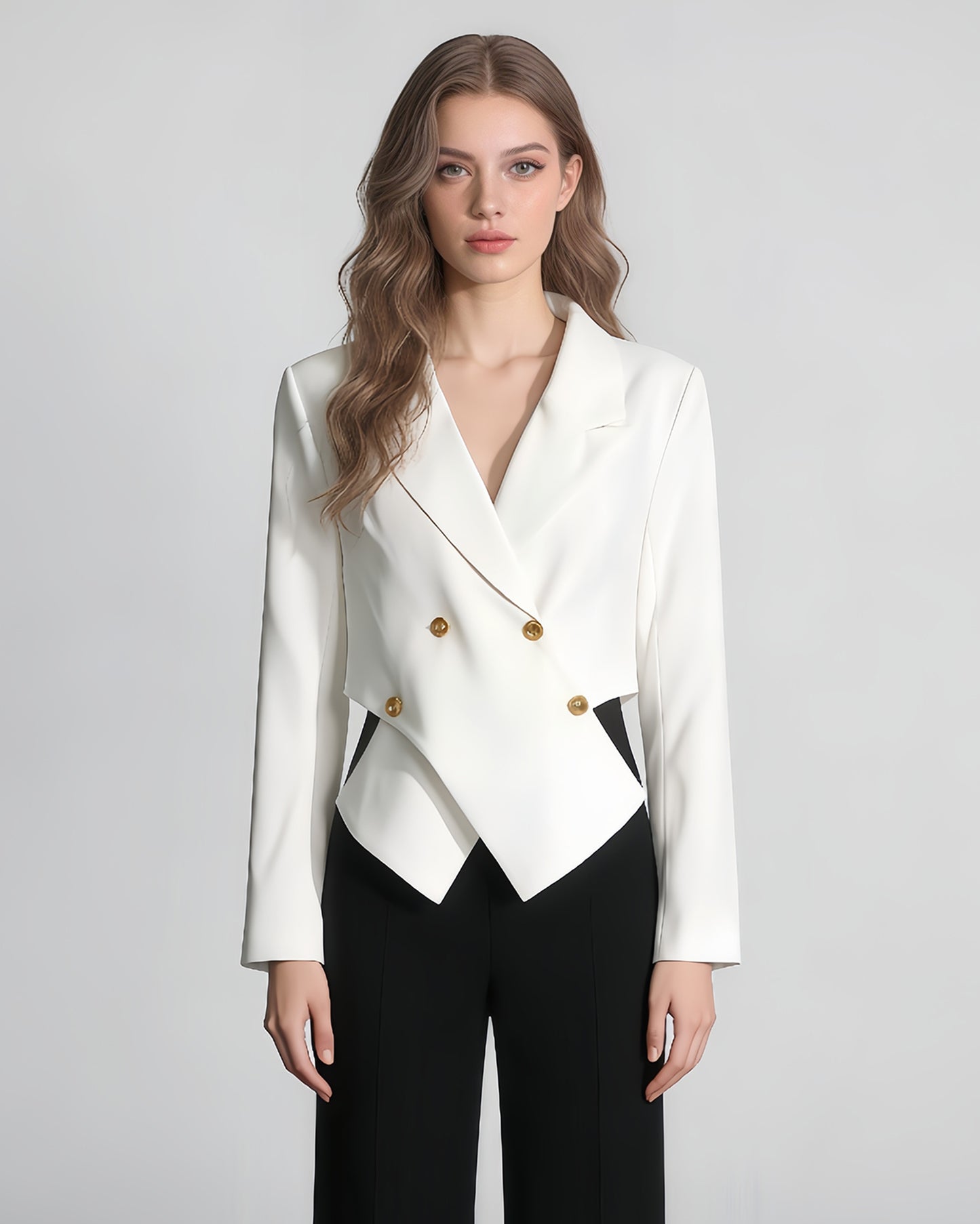 White Cropped Blazer with Gold Buttons