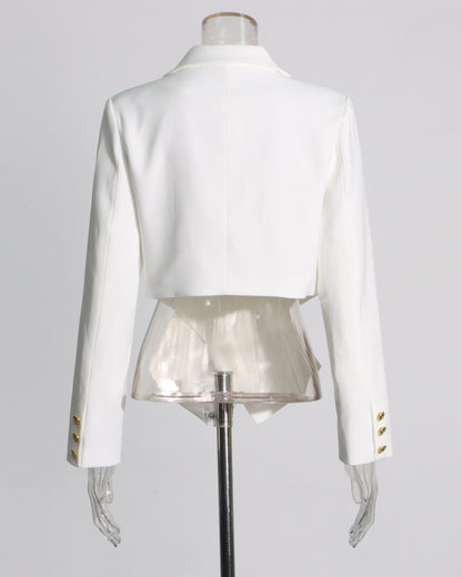 White Cropped Blazer with Gold Buttons