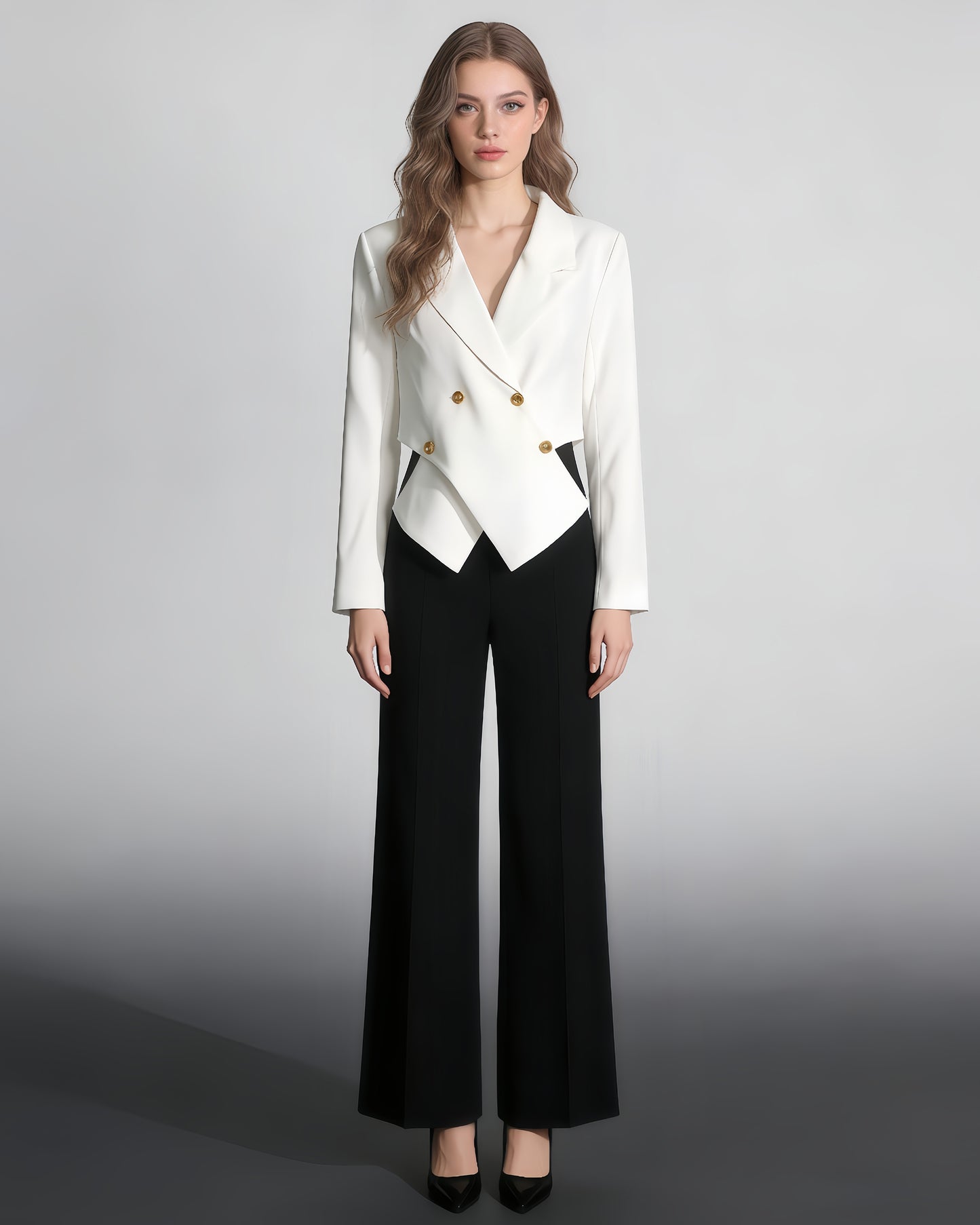 White Cropped Blazer with Gold Buttons