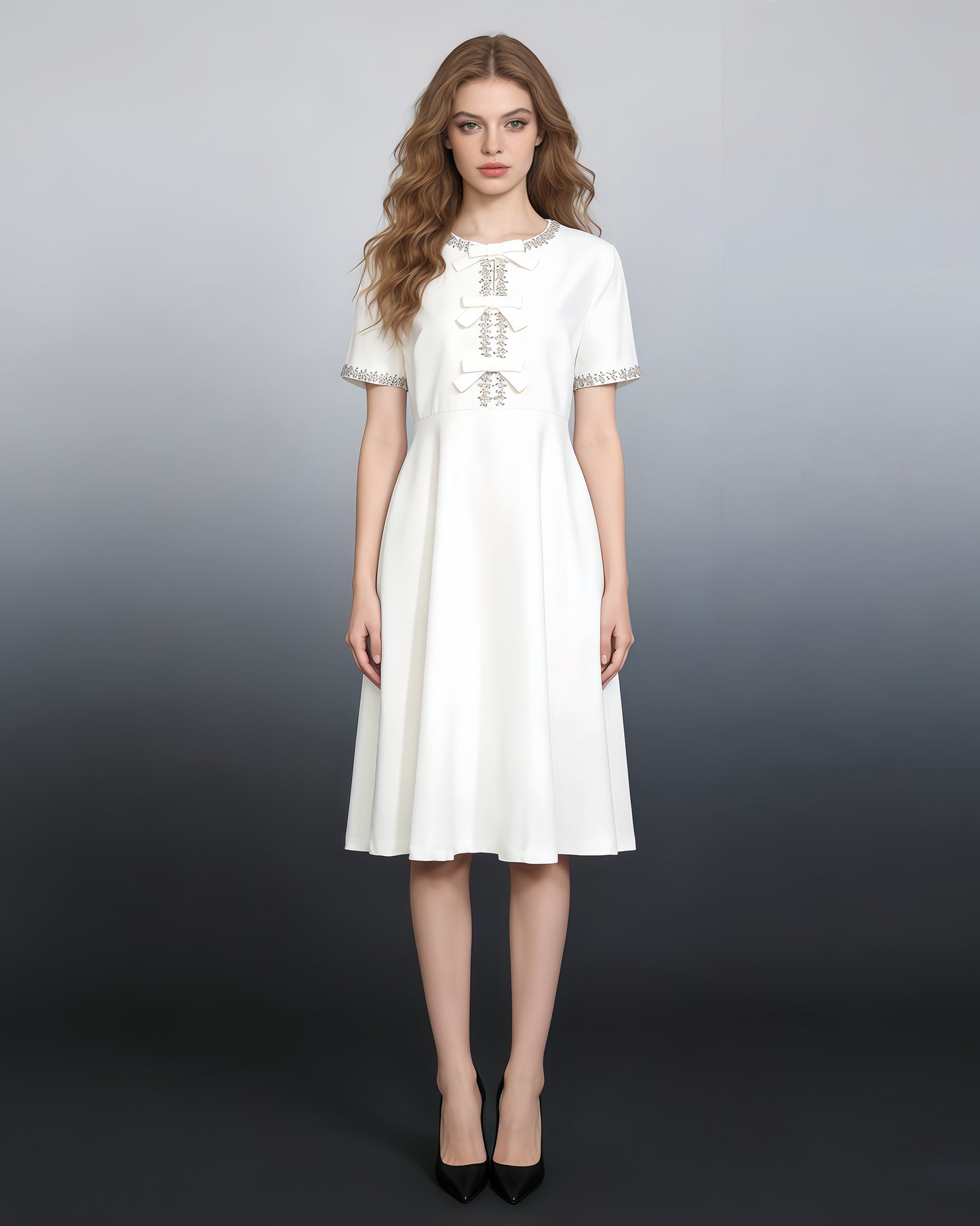 White Crystal-Embellished Bow Midi Dress