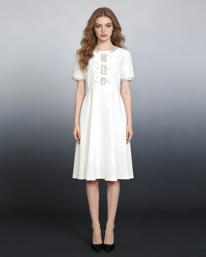 White Crystal-Embellished Bow Midi Dress
