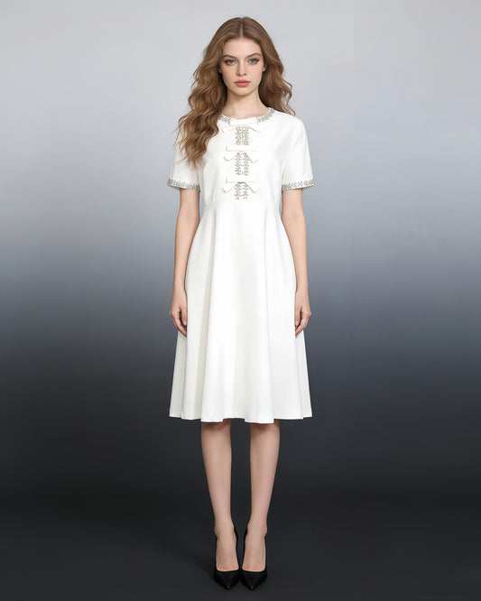 White Crystal-Embellished Bow Midi Dress