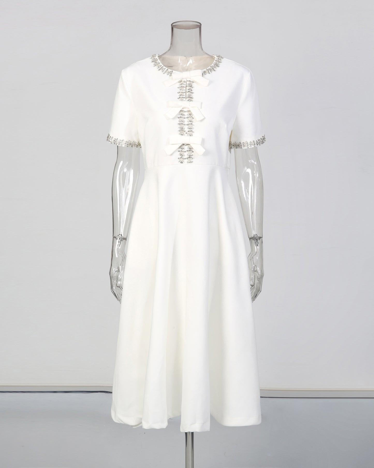 White Crystal-Embellished Bow Midi Dress