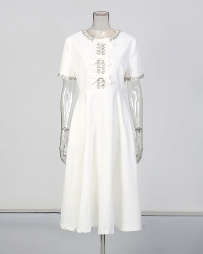 White Crystal-Embellished Bow Midi Dress