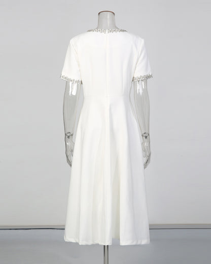 White Crystal-Embellished Bow Midi Dress