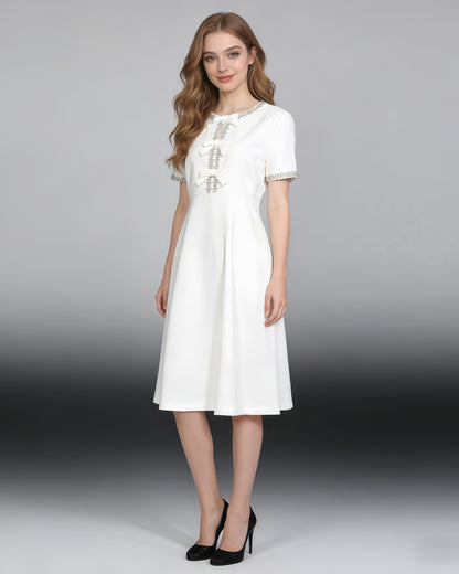 White Crystal-Embellished Bow Midi Dress