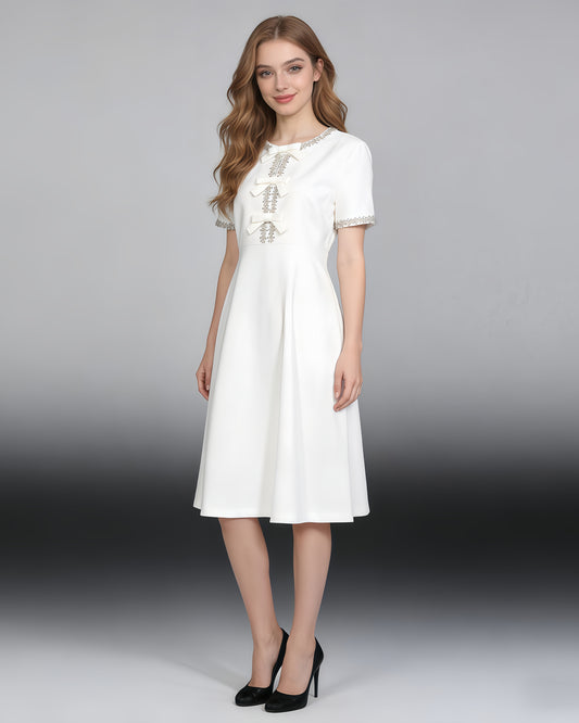 White Crystal-Embellished Bow Midi Dress