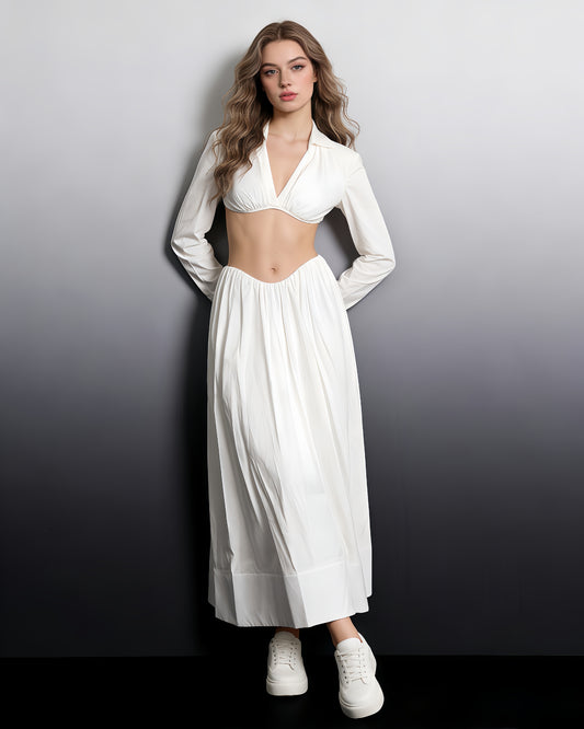 White Cut-Out Long Sleeve Maxi Dress Set