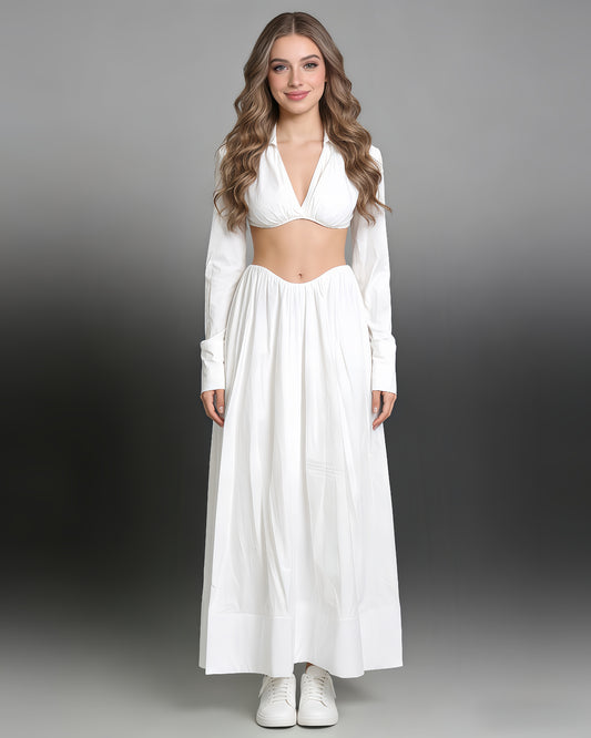 White Cut-Out Long Sleeve Maxi Dress Set