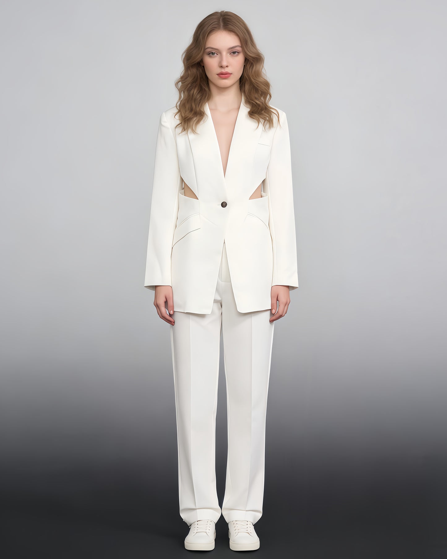 White Cutout Blazer & Wide-Leg Pants Set