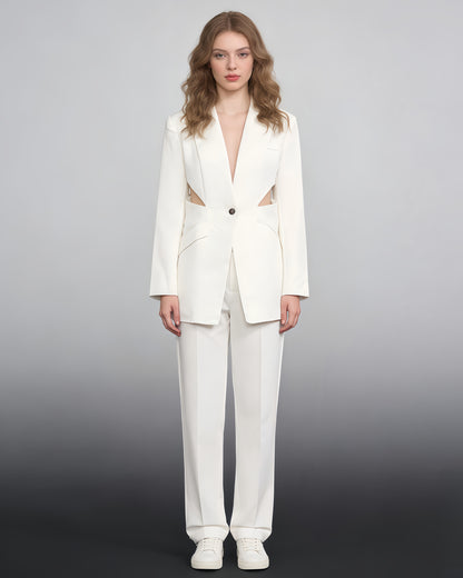 White Cutout Blazer & Wide-Leg Pants Set