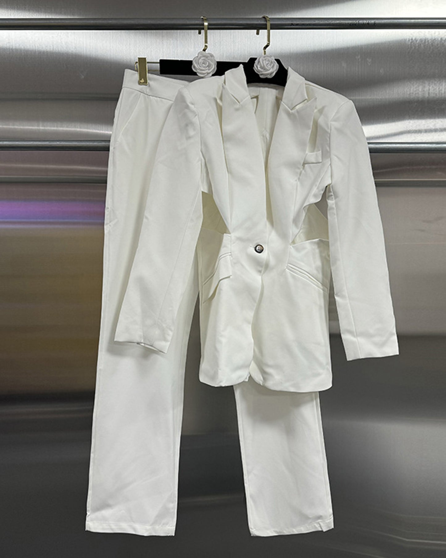 White Cutout Blazer & Wide-Leg Pants Set