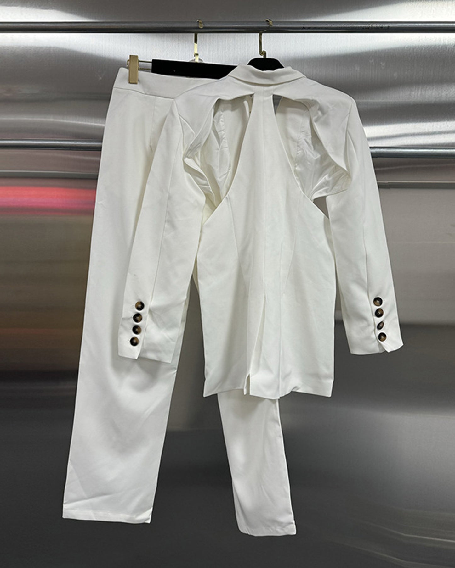 White Cutout Blazer & Wide-Leg Pants Set