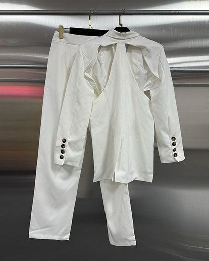 White Cutout Blazer & Wide-Leg Pants Set