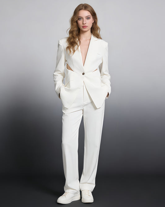 White Cutout Blazer & Wide-Leg Pants Set