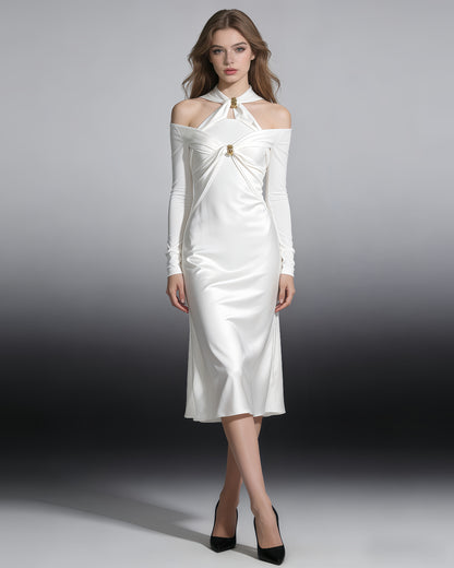 White Cutout Maxi Dress with Gold Ornament