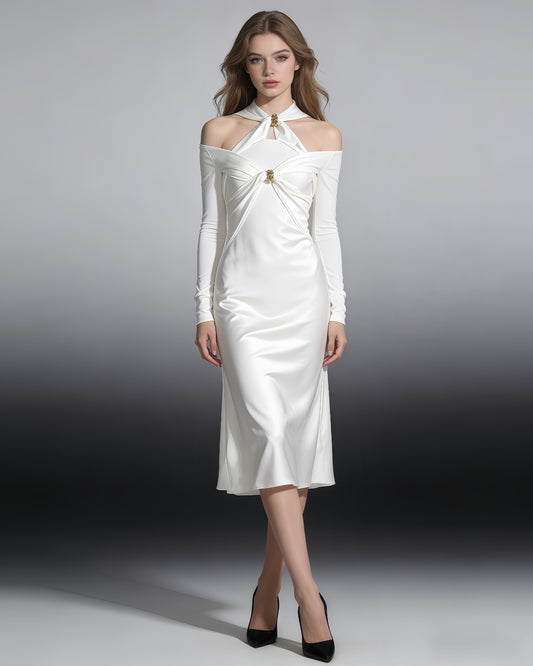 White Cutout Maxi Dress with Gold Ornament