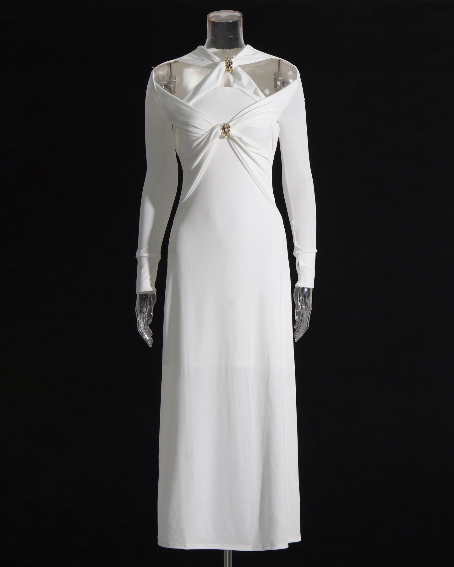 White Cutout Maxi Dress with Gold Ornament