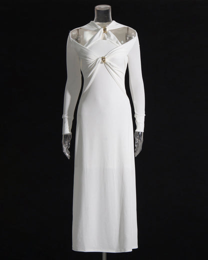 White Cutout Maxi Dress with Gold Ornament