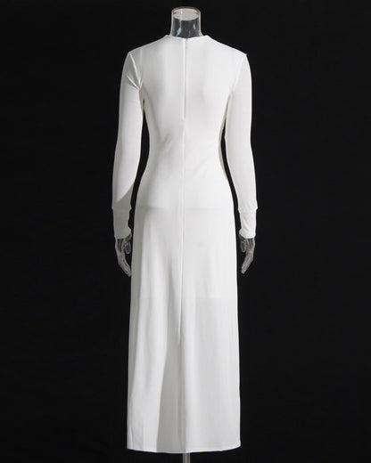 White Cutout Maxi Dress with Gold Ornament