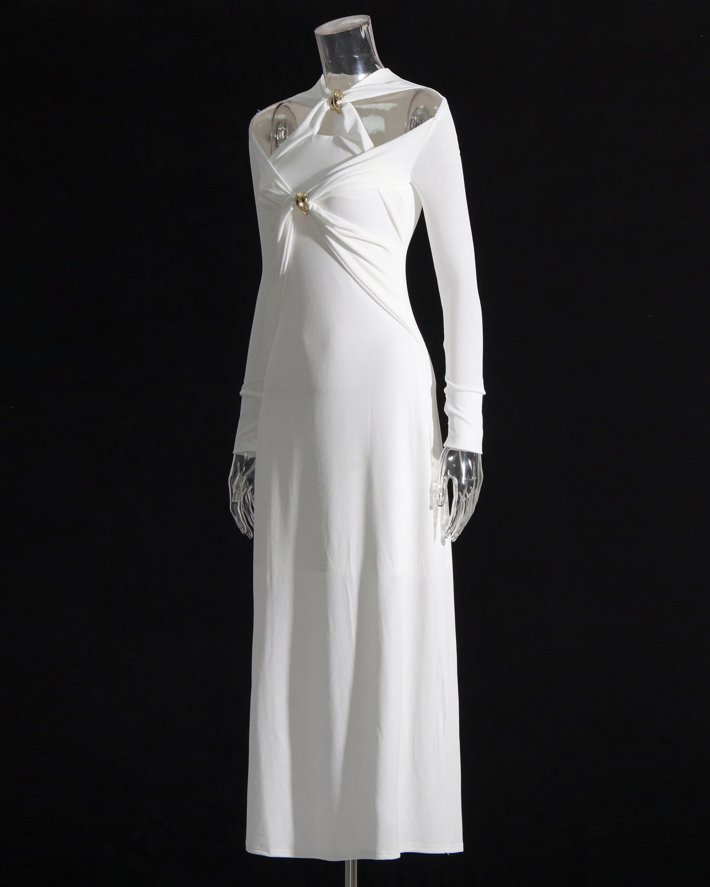 White Cutout Maxi Dress with Gold Ornament