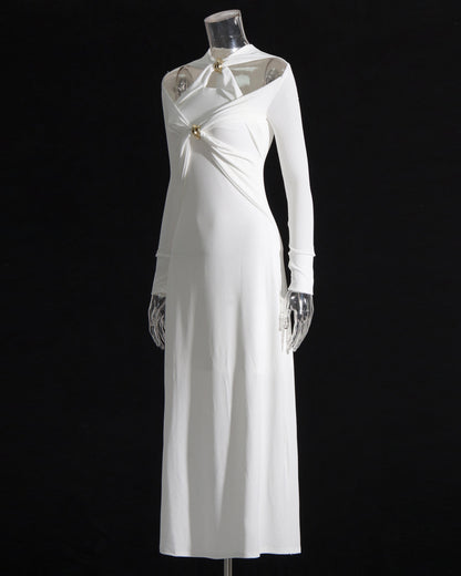 White Cutout Maxi Dress with Gold Ornament
