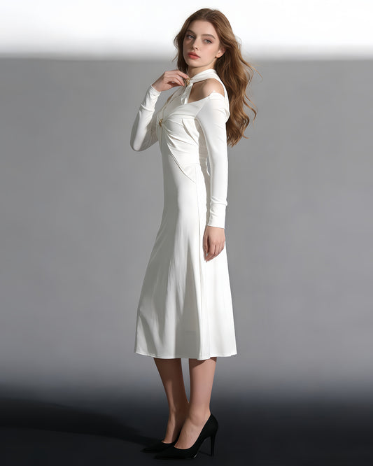 White Cutout Maxi Dress with Gold Ornament