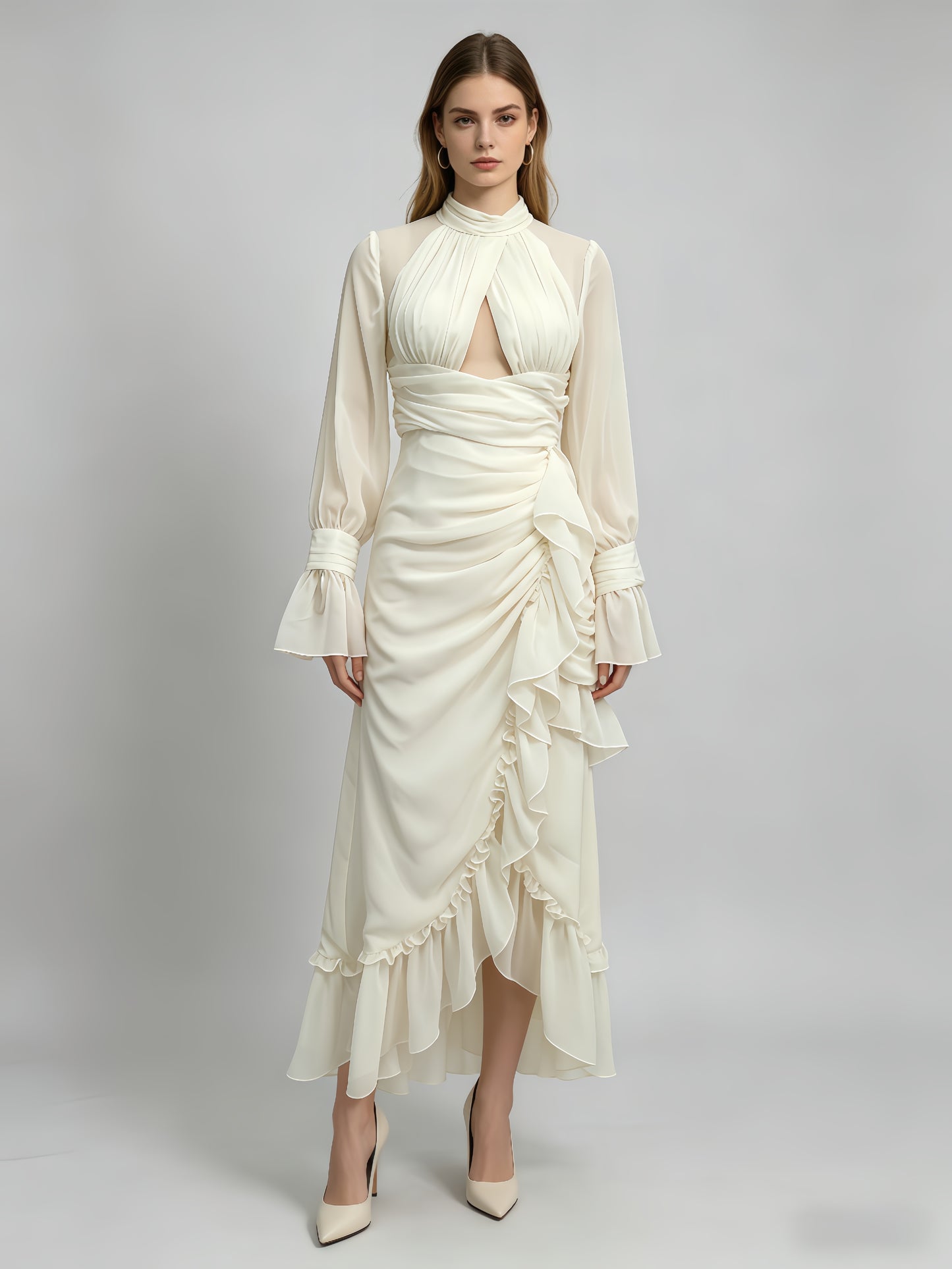 White Cutout Ruffle Chiffon Midi Dress