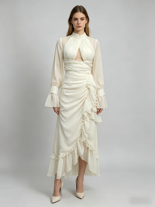 White Cutout Ruffle Chiffon Midi Dress